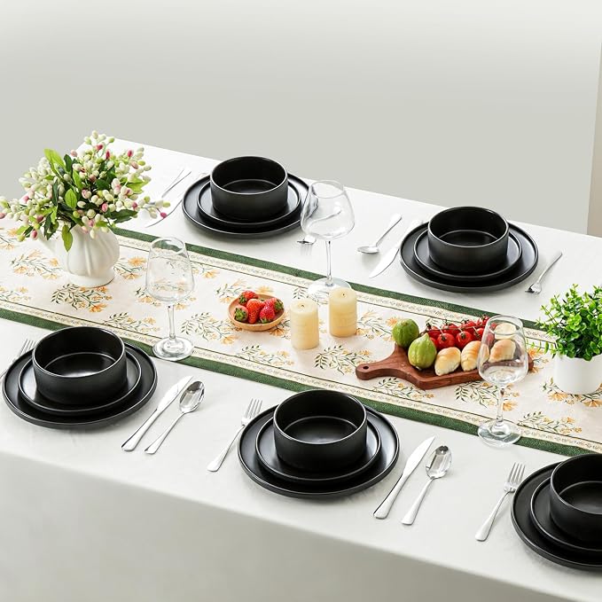 Ceramic Salad & Dessert Plates Set, 8 Inch, Set of 4, Modern Black | Stoneware, Dishwasher & Microwave Safe, Small Dinner Plates, For Cake, Fruits, Waffle, Pasta, Salad