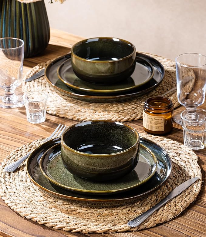 TheTerra Ceramic Dinnerware Sets, Handmade Reactive Glaze Plates and Bowls Set, Scratch Resistant Dish Set, Oven & Microwave & Dishwasher Safe, Sets for 4, Olive Green