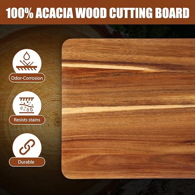 Roshtia 6 Pieces Acacia Wood Cutting Board 14" x 10" Kitchen Wooden Chopping Board Reversible Charcuterie Serving Tray Butcher Block Cutting Tray for Meat Cheese Vegetables Fruit (Classic)