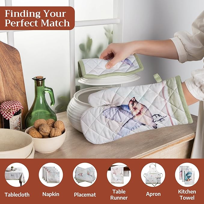 Maison d' Hermine Oven Gloves 100% Cotton Easter Oven Mitt Heat Resistant BBQ Cooking Gloves with Loop for Grilling, Microwave, Barbeque, Flying Birds Spring/Summer (Oven Mitt (7.5''''x13''''))