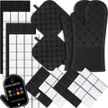 Oven Mitts Kitchen Towels Dishcloths with Pot Holders Sets 12PCS, Dish Towels Sets, Oven Gloves Pot Pads Heat Resistant 500 Degrees with Non-Slip Silicone Surface for Cooking Baking Grilling Black