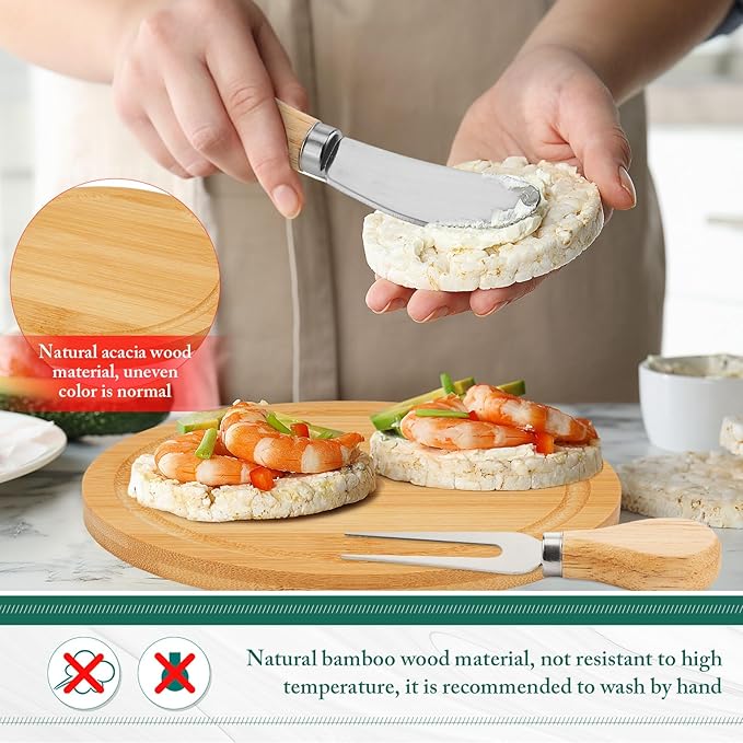 Maxcheck 8 Sets Baby Shower Bridal Game Prizes for Winners Round Cheese Board Set Wood Mini Charcuterie Board with Knives and Forks Thank You Card with Gift Box for Guests Wedding (Bamboo)