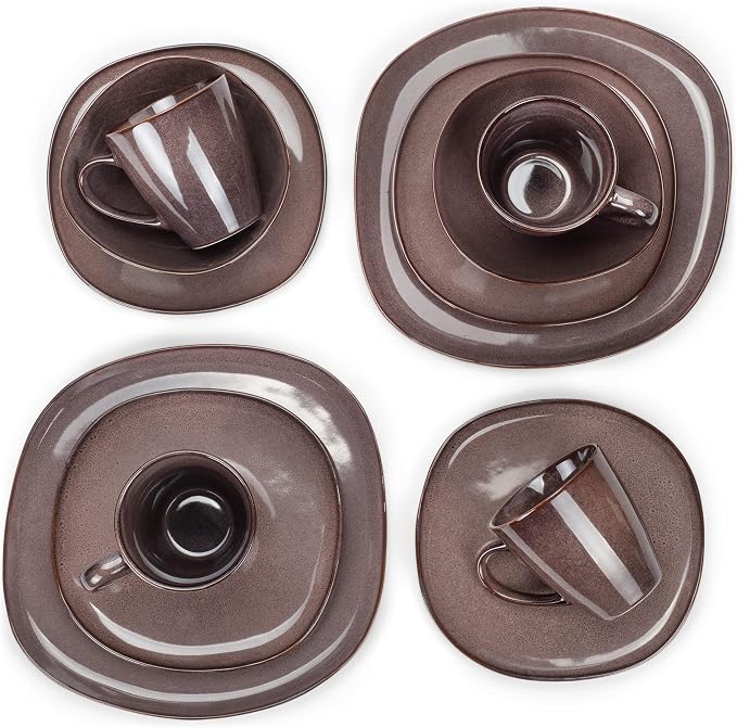 Elanze Designs 16-Piece Modern Luxury Chic Smooth Vintage Handmade Shape High Gloss Ceramic Stoneware Square Plate Mug & Bowl Kitchen Dinnerware 16 Piece Set - Service for 4, Plum Purple