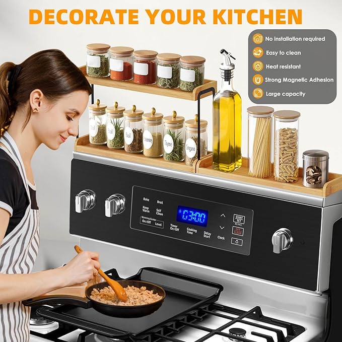 30" Magnetic Over the Stove Shelf,Stove Top Shelf,Over Oven Shelf,Stove Shelf for Back of Stove, Heat-Resistant and Wooden,Space-Saving Kitchen Storage (Wood Color, 2 Layer 3 pcs)