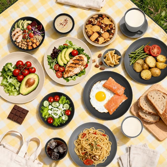 Wheat Straw Dinnerware Sets 16 PCS - Unbreakable Kids Plates and Bowls Sets for 4,Dishwasher & Microwave Safe Modern Lightweight Toddler Plates and Bowls Set for RV,Travel,Camping - Grey Stone