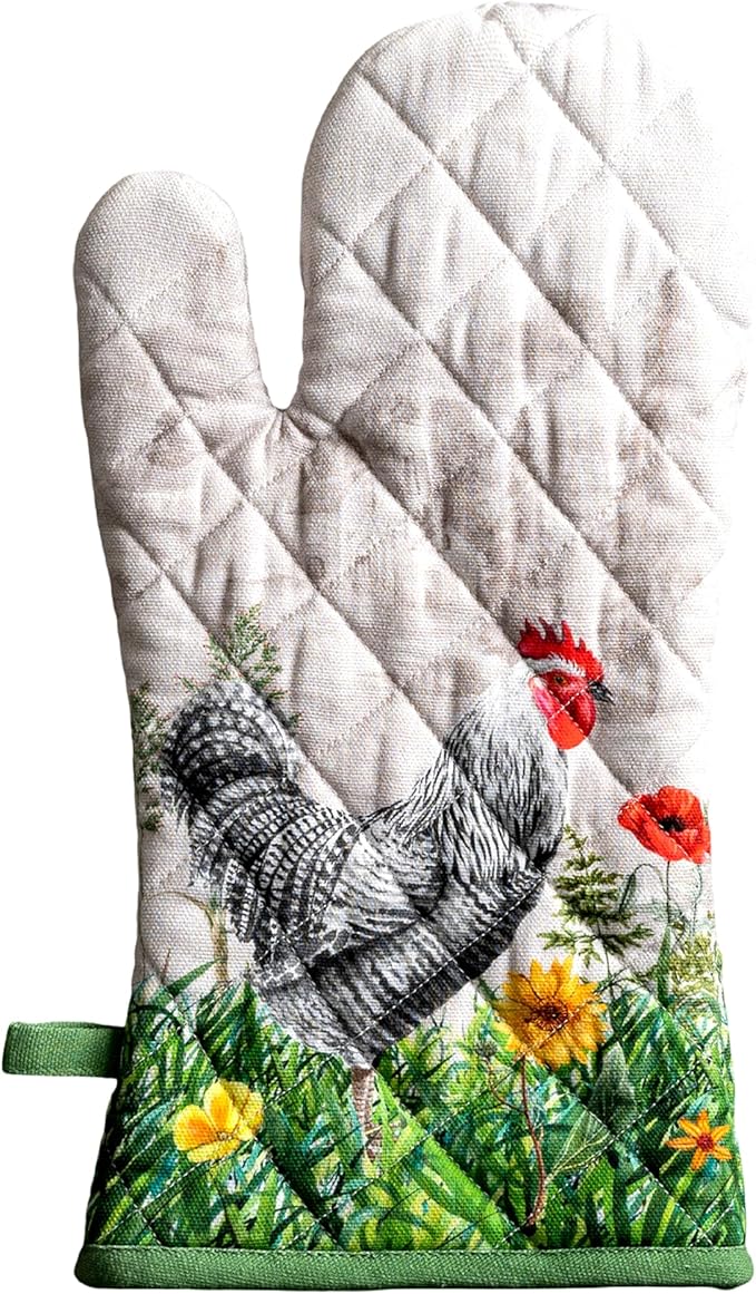 Maison d'Hermine Oven Gloves 100% Cotton Oven Mitt 7" x 13" with Loop Heat Resistant BBQ Cooking Gloves Baking Grilling Gifts for Mothers Day Spring/Summer (Pack of 1, Basse Cour)