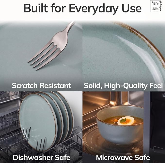 Stoneware dinnerware set 8 persons Rustic 24 pcs - Rustic design dinnerware set, dishwasher safe - Bowl and plate set - Pure Living dinnerware in smoky blue…