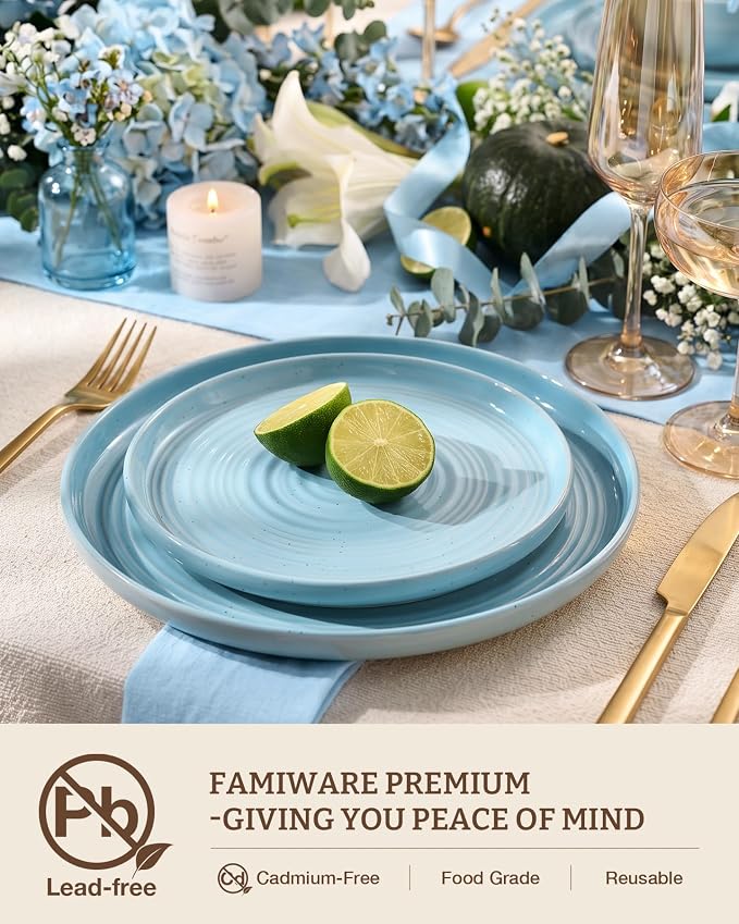 24-Piece Stoneware Dinnerware Sets for 8 - Farmhouse Coupe Plates and Bowls with Speckles & Spirals - Chip & Scratch Resistant, Microwave & Dishwasher Safe - Gift Box, Ice Blue