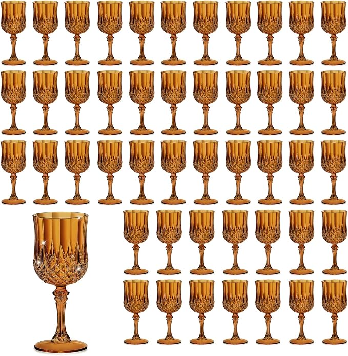 7OZ Plastic Wine Glasses, Reusable Vintage Goblets Unbreakable Drinking Glasses Crystal Water Cups Champagne for Wedding, Parties (48, Amber)
