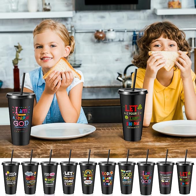 Uiifan 30 Pcs VBS Christian Cups Bulk for Kids, Religious Plastic Tumblers with Bible Verses, Sunday School and Church Gifts, Reusable Cups with Lids and Straws (Black)