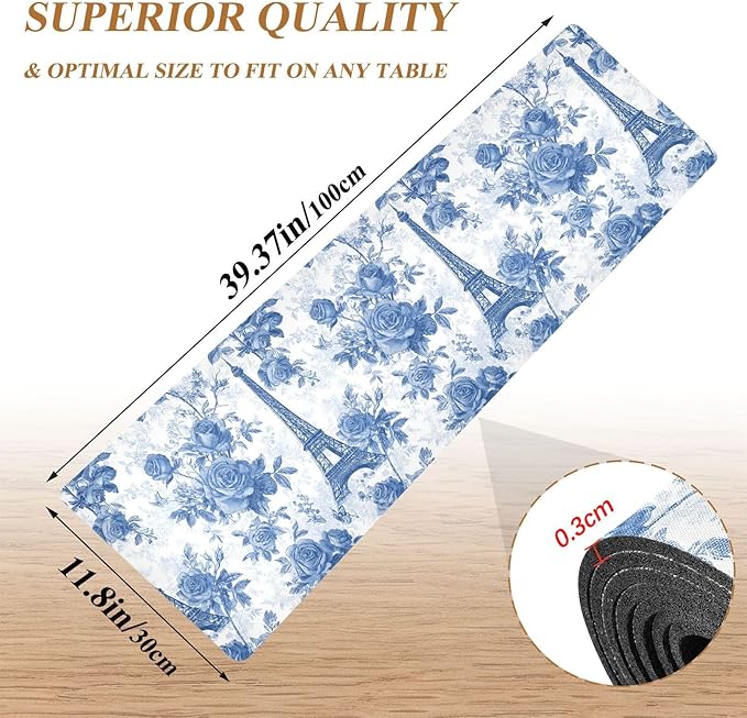 Blue Roses and Eiffel Tower Trivet Table Runner Heat Resistant 230F for Hot Dishes Pots Plates Kitchen Dining Table Protector Decorative 39.37 X 11.8 Inch