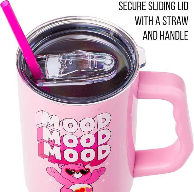 Silver Buffalo Care Bears “Mood” Double Walled Stainless Steel Tumbler with Handle Featuring Love-A-Lot Bear, Fits in Standard Cup Holder, 40 Ounces