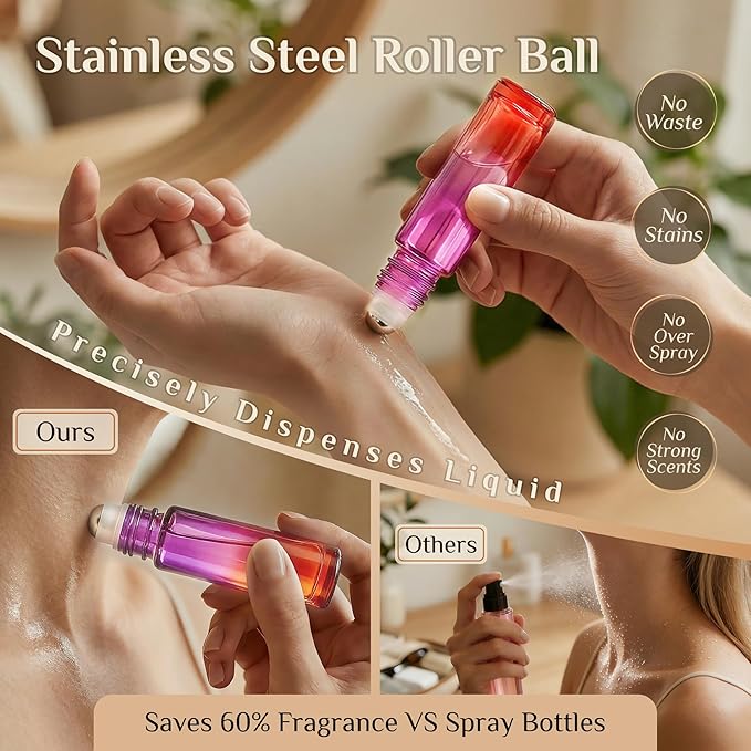PrettyCare 4 Pack, 10 ml Essential Oil Roller Bottles with Stainless Steel Roller Ball - Refillable Leak-proof Empty Thick Red & Purple Glass Roll on Bottles with Golden Caps for Travel, Perfume