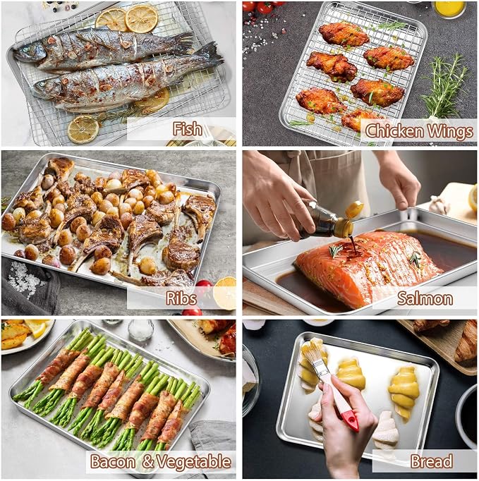 P&P CHEF 16 + 12.5 + 10.4 + 9 Inch Baking Sheet and Rack Set, 8Pcs Stainless Steel Cookie Sheets Oven Baking Pans Trays with Cooling Racks for Cooking, Oven & Dishwasher Safe, Pans with Grid Racks