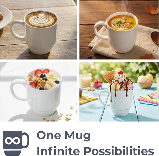 Stackable Porcelain Coffee Mug Set of 4 – 20oz Jumbo Capacity, Space-Saving Ceramic Mugs with Large Handle for Kitchen & Coffee Bar, Microwave & Dishwasher Safe Modern Home Gift