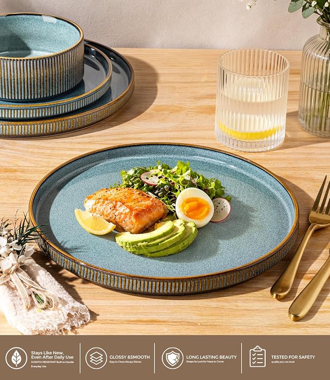 GBHOME 12-Piece Stoneware Dinnerware Set for 4 – Ribbed Ceramic Plates and Bowls, Scratch-Resistant, Microwave & Dishwasher Safe, Reactive Glaze-Space Blue