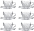 Glass Teacups and Saucers Set of 6, Vintage Coffee Mugs with Stainless Steel Spoon, Dishwasher & Microwave Safe Teacups for Espresso Cappuccino Latte Tea Juice, 7OZ/210ML, Clear