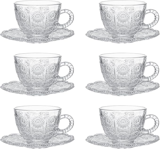 Glass Teacups and Saucers Set of 6, Vintage Coffee Mugs with Stainless Steel Spoon, Dishwasher & Microwave Safe Teacups for Espresso Cappuccino Latte Tea Juice, 7OZ/210ML, Clear