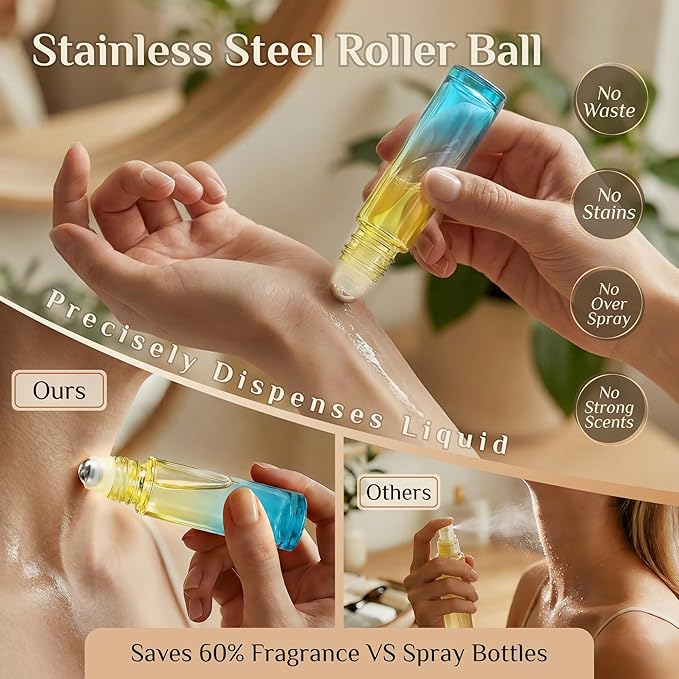 PrettyCare 4 Pack, 10 ml Essential Oil Roller Bottles with Stainless Steel Roller Ball - Refillable Leak-proof Empty Thick Blue& Yellow Glass Roll on Bottles with Golden Caps for Travel, Perfume