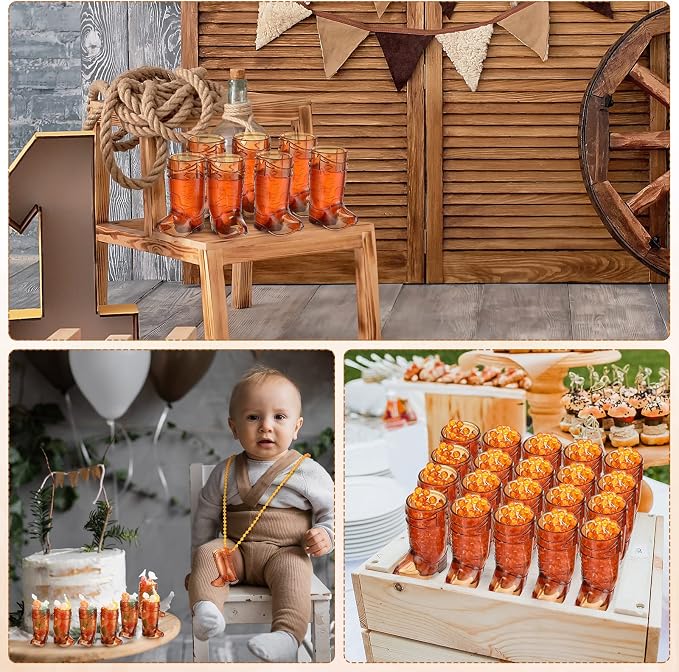 Sieral 36 Pcs Cowboy Boot Shot Glasses on Beaded Necklace Plastic Reusable Cowgirl Shot Boot Glasses Necklace Party Cups for Cowboy Cowgirl Bachelorette Carnival Western Birthday (Transparent Brown)