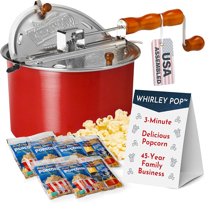 Original Whirley Pop Popcorn Maker - 6 Quart Stovetop Popcorn Popper With Five Popping Kits, Aluminum Popcorn Pot With Nylon Gears, Wabash Valley Farms Stove Top Popcorn Maker, Popcorn Pan (Red)