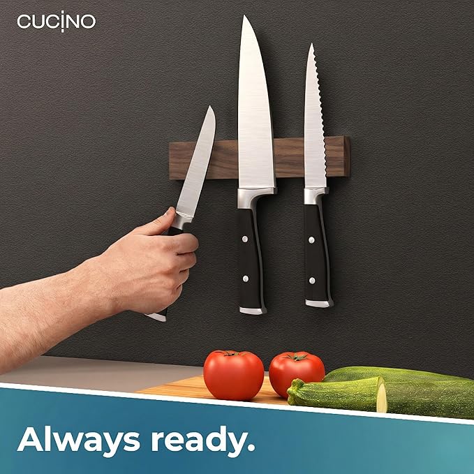 CUCINO Magnetic Knife Holder for wall, 10" no drilling required, includes self-adhesive tape, extra strong for holding knives – Awarded magnet strip – Walnut