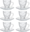 Kingrol 6-Piece Embossed Glass Mug Set with Saucers, 7 oz Vintage Tea Cups with Handle, Clear Glass Coffee Mugs for Latte, Cappuccino, Espresso, Hot or Iced Drinks