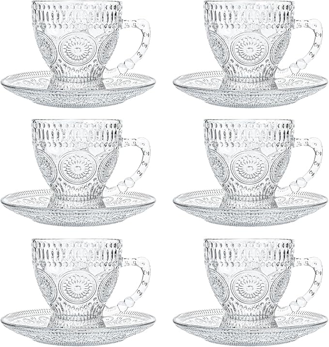 Kingrol 6-Piece Embossed Glass Mug Set with Saucers, 7 oz Vintage Tea Cups with Handle, Clear Glass Coffee Mugs for Latte, Cappuccino, Espresso, Hot or Iced Drinks