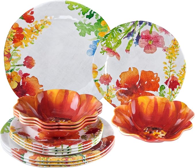UPware 12 Piece Floral Melamine Dinnerware Sets, Outdoor Dishes Set, Plates and Bowls Sets, Service for 4, Multicolor