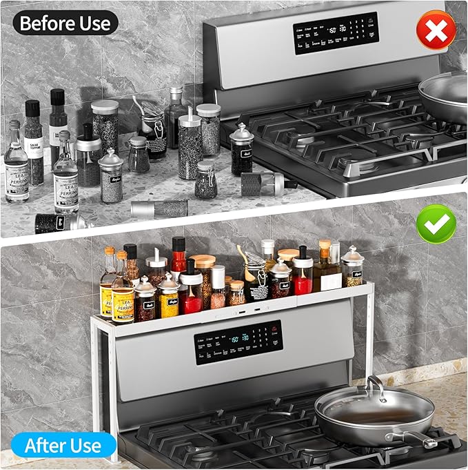 BOIVSHI Stove Top Shelf, Stove Rack Shelf for Back of Stove, Over the Stove Spice Rack,Over Stove Spice Rack Adjustable 27-33 inch for Kitchen Stove, Oven, Sink Spice Organizer, White