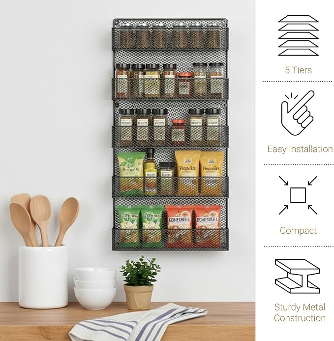 SPICE RACKS Organizer - Country Rustic Wire Style - Great Storage for Pantry, Cabinet and Kitchen - Wall Mounted 5 Tier Shelves