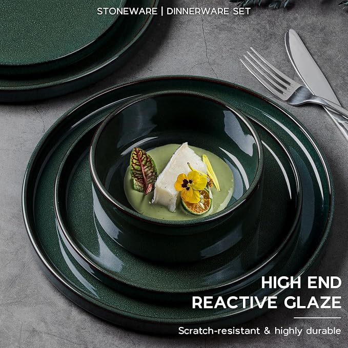 Onader Stoneware Dinnerware Sets for 4, Reactive Glaze Plates and Bowls Sets, Ceramic Dish Dinner Set with Rustic Terracotta Bottom, 12 Piece Elegant Dishware - Emerald Green