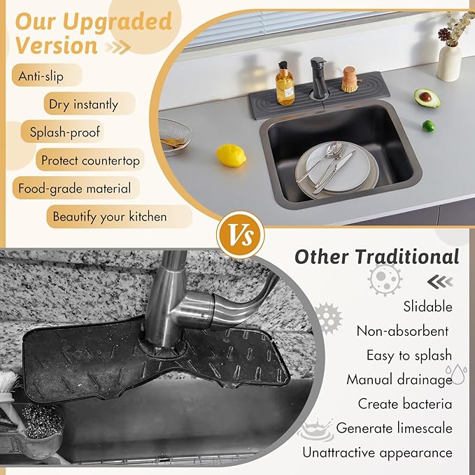 Diatomite Sink Mat around Faucet, Instant Dry Stone Sink Tray Cleaning Tools Holder Prevents Moisture Buildup, Sink Splash Guard for Bathroom Laundry Counter, Elegance Stylish Birthday Gift, Dark Gray