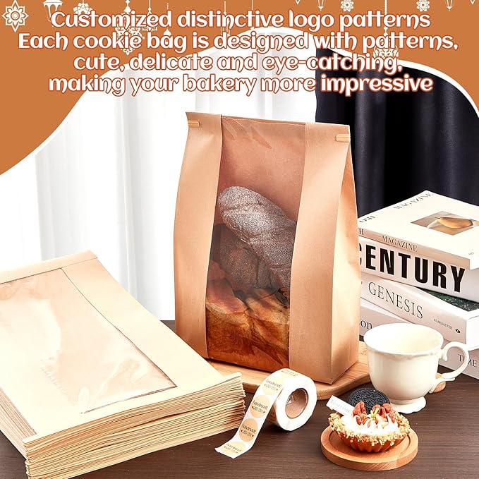 Honoson 300 Pcs Large Paper Bread Bags for Homemade Gift Giving, Sourdough Bread Bags with Window, Bakery Storage Tin Tie Tab Lock Cookie Packaging with Label Seal Stickers (Cute Style)