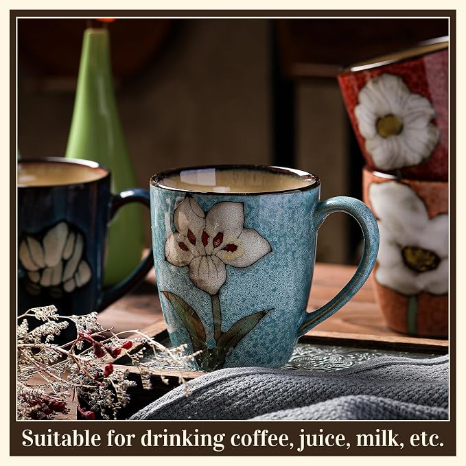 Maxdot 4 Pcs 12oz Ceramic Coffee Mugs Sets Glazing Process Cappuccino Mug Floral Ceramic Tea Cups Idea Gift Set for Women Porcelain Cup for Coffee, Cocoa, Tea, Latte (Retro) (Classic)