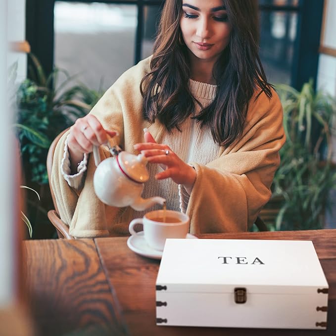 White Wooden Tea Box Storage Chest Box Big Pine Wood Kitchen Organizer Large, Tall, Adjustable