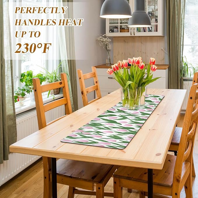 2 in 1 Table Runner Trivet for Hot Pots and Pans Heat Resistant Non Slip Waterproof 39 x 12 Inch Decorative Table Protector for Kitchen Countertop Small Tulips Pink