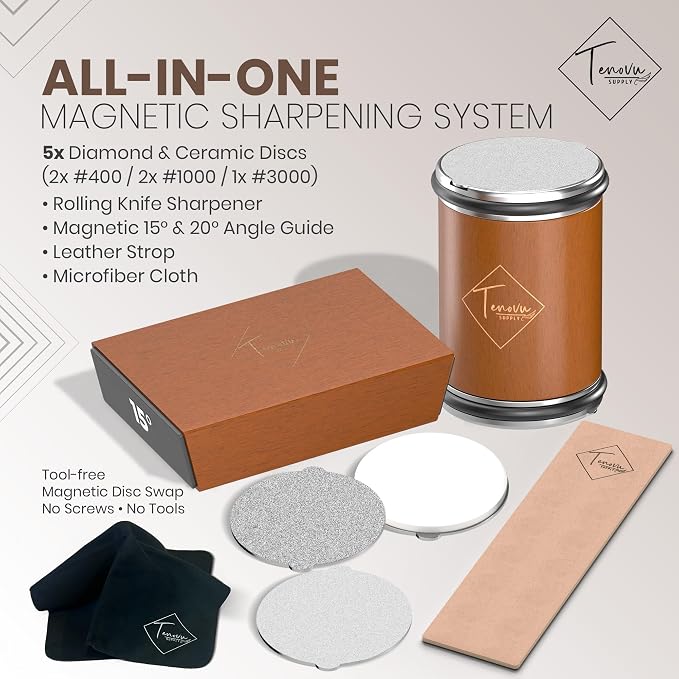 Rolling Knife Sharpener Kit with 5 Total Magnetic Snap-On Discs | 15° & 20° angle guide, 2x #400, 2x #1000, 1x #3000 discs, leather strop and microfiber cloth included