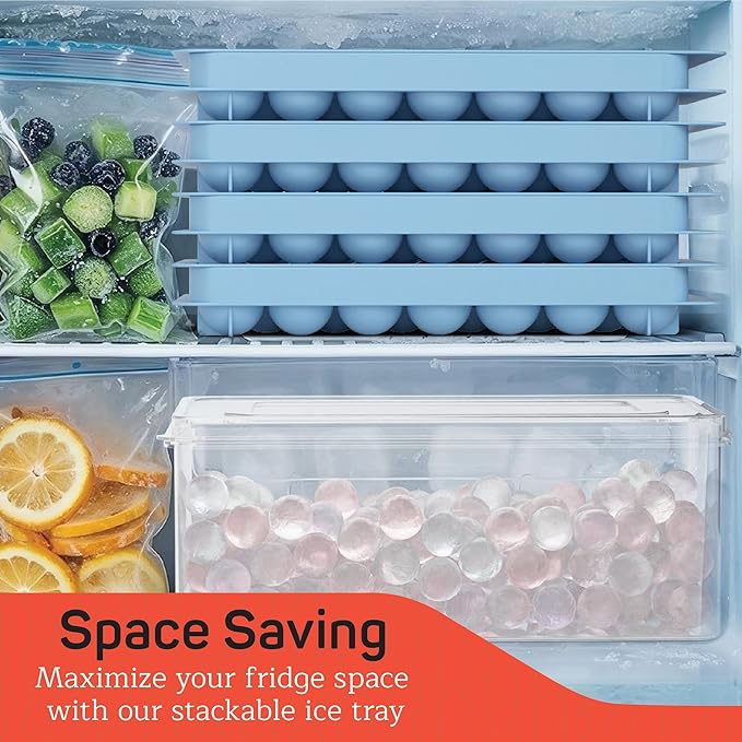 Emporio Kitchen Round Ice Cube Tray Set Pack of 4, BPA-Free Stackable Trays with Lid & Tongs, 33 Ice Balls Per Tray for Whiskey, Drinks, and Cocktails, Quick Release Round Ice Cube Mold, Blue