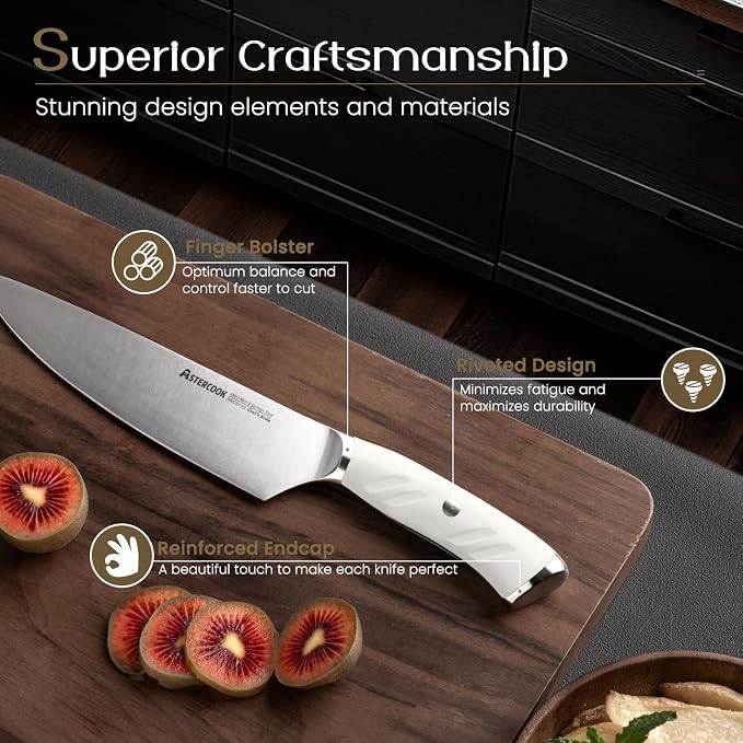 Knife Set, Astercook Kitchen Knife Set with Block, 15 Pcs Luxurious High Carbon German Stainless Steel Knives Set with Full Tang Ergonomic Handle, Dishwasher Safe Knife Set with Sharpening Rod, White
