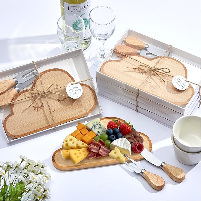 Ziliny 18 Set Baby Shower Party Favors Mini Cheese Cutting Board Cloud Shaped Small Charcuterie Board with Knives Forks Thank Tags with Gifts Box Ropes for Gifts Birthday Wedding Party Baby Shower