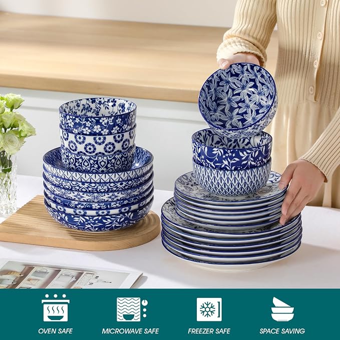 vancasso SELENE Plates and Bowls Set for 6, 24 Pieces Dinnerware Sets, Mircowave and Dishwasher Safe Dishes Set, Porcelain Blue Dinnerware