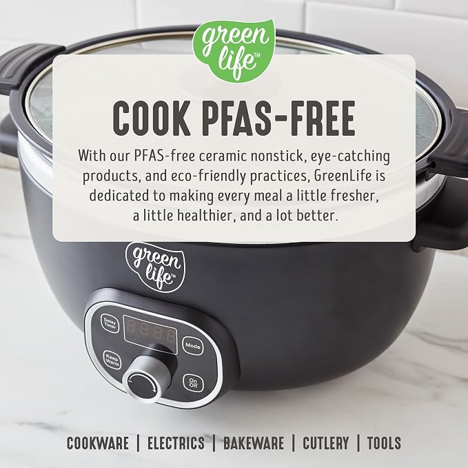 GreenLife 6QT Slow Cooker, Non-Toxic PFAS-Free Ceramic Nonstick Removable Interior Bowl, Programmable, Family Friendly, Keep Warm, Stovetop & Oven Safe, Dishwasher Safe Crock, Timer, Glass Lid, Black