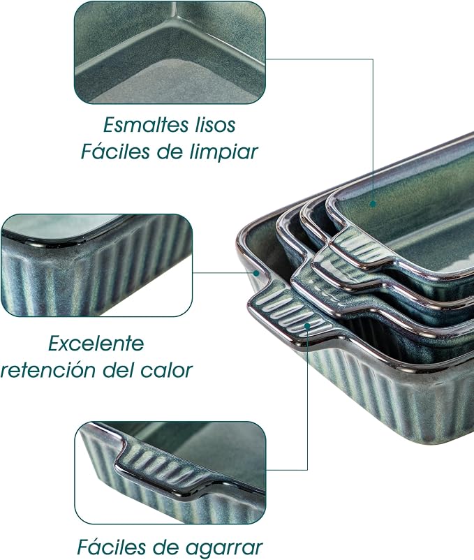 vancasso Ceramic Casserole Dishes for Oven, Reactive Glaze Bakeware Set of 4, Deep Rectangular Baking Dishes with Handles, Lasagna Pan Set, Microwave & Dishwasher Safe, Green (9.4"/11.1"/12.2"/14.7")