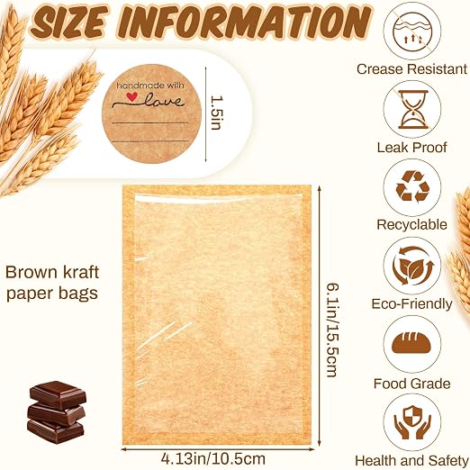 Outus 50 Pcs Cookie Packaging Bags with Seal, 4 x 6 Inch Bakery Pastry Bags with Window, Heat Sealable Grease Resistant Paper to Go Bake Sleeves for Gift Giving Donut Bread Sandwich (Brown)