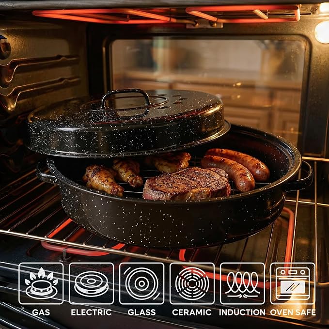 Turkey Roasting Pan With Lid 18in Roaster Pan Enamel Carbon Steel Roaster Pot with 16in Inner Diameter,18 Pound Large Capacity High Temperature Resistance Oval Cookware