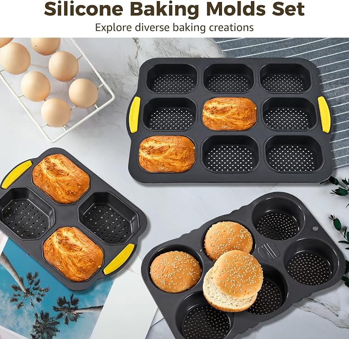 Hamburger Bun Pans for Baking Set of 7-4/6/9 Cup French Bun Mold 3/6 Cup Nonstick Baguette Bread Pan with Brush, Spatula,Non Stick Perforated Baking Pans, Dishwasher Microwave Safe