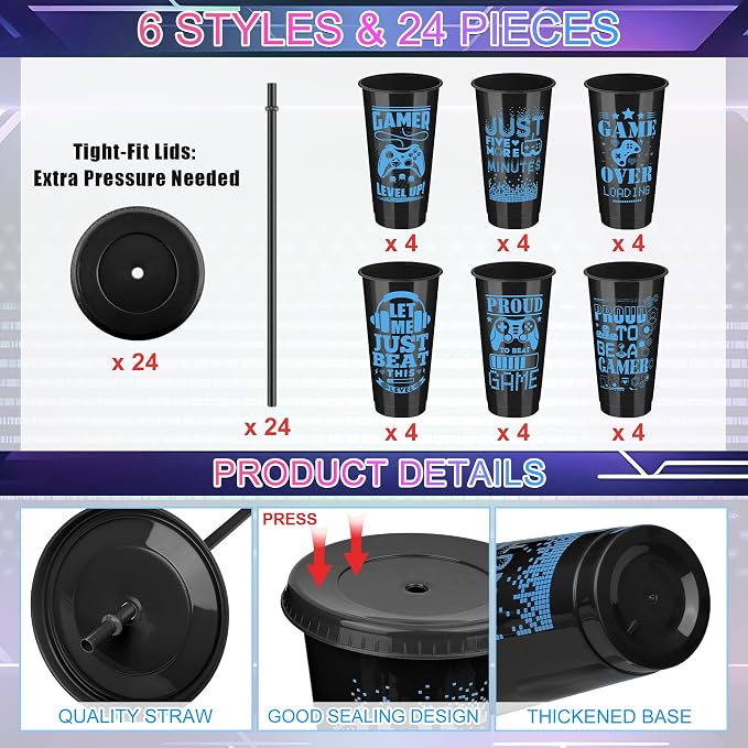 Kochorie 24 Pieces Video Game Plastic Cups 24 Ounces Gaming Party Cups with Lids and Straws Black Blue Video Game Tumbler Cups for Birthday Party Video Game Party Supplies Tableware
