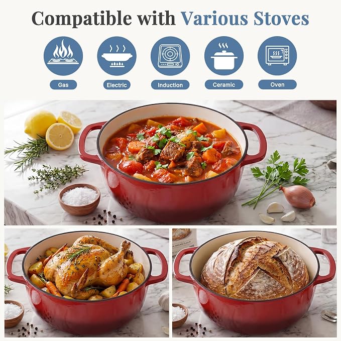 DUMOS Cast Iron Dutch Oven, 6 Quart Pot with Lid, Enameled Heavy Duty Cookware, Oven Safe to 500°F, Perfect for Bread Baking, Braising, Stews and Roasting, Moisture Sealing Lid with Dual Handles, Gradient Red