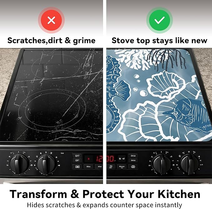 Decorative Stove Top Covers for Electric Stove 28"x20" – Heat Resistant Glass Cooktop Protector Dish Drying Mat – Non-Slip Rubber Backing Washer Top Cover Waterproof Extra Counter Space (Ocean 2)